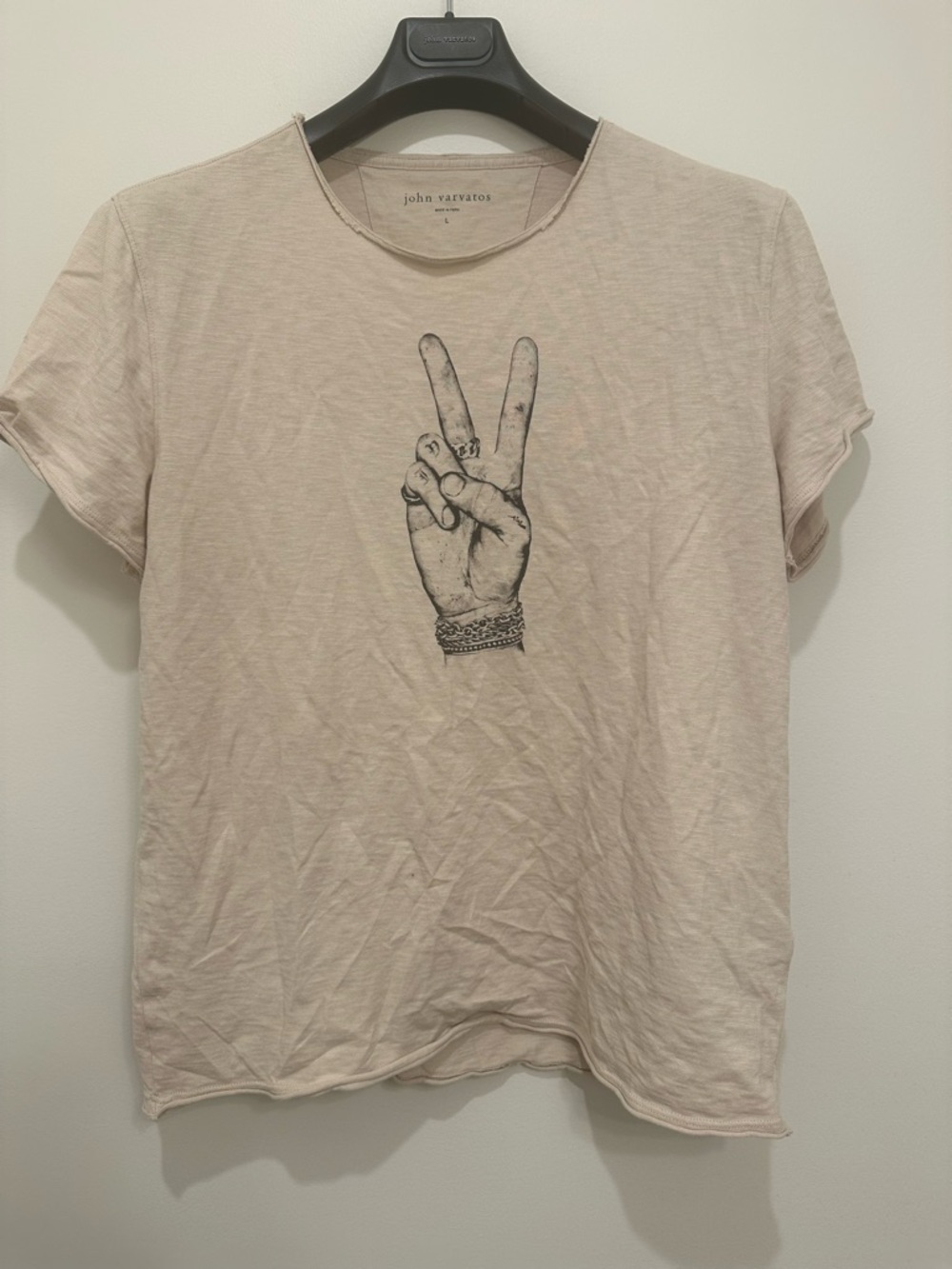 John Varvatos Cream Short Sleeve Tee with Black Peace Hand Graphic